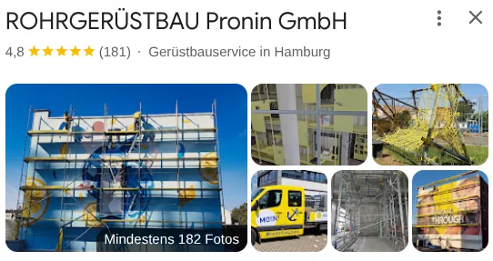 Google-Bewertungen ROHRGERÜSTBAU Pronin GmbH: 4,8 von 5 Sternen aus 181 Bewertungen, Gerüstbauservice in Hamburg